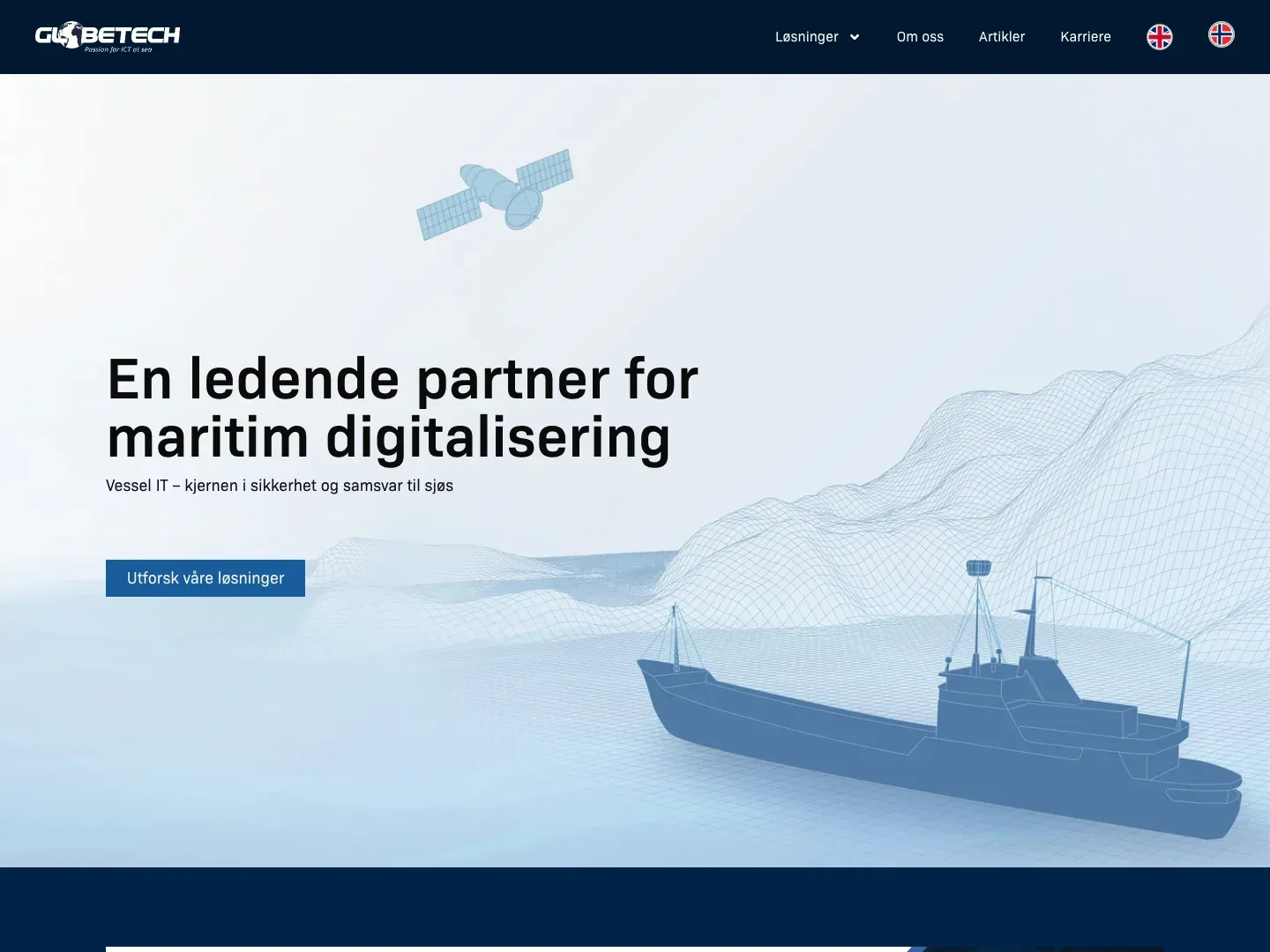 The Globetech homepage: maritime digitalisation and vessel IT, with an illustration of a ship and a satellite over a wireframe sea