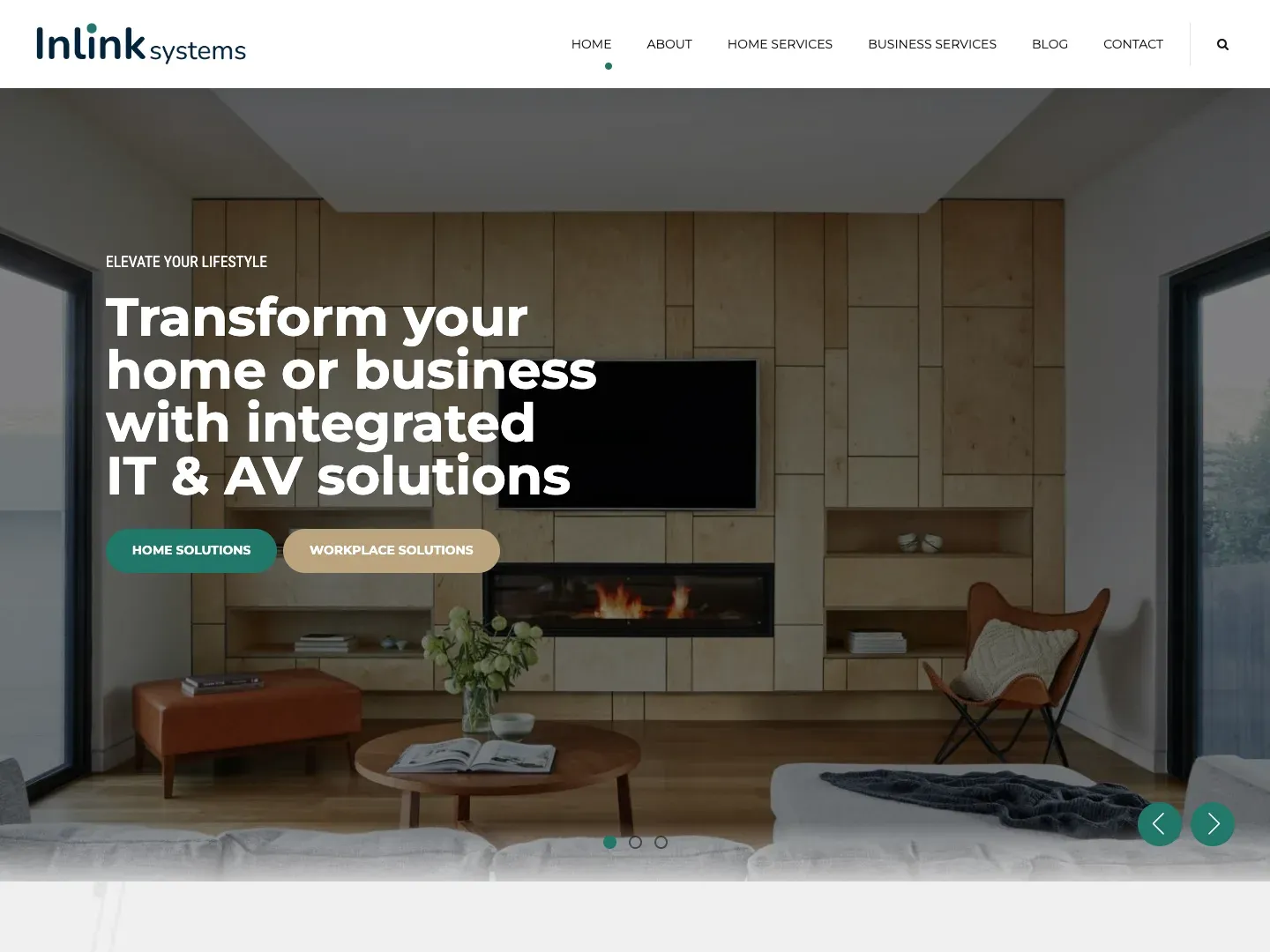 The Inlink Systems homepage: integrated IT and AV for homes and businesses, over a living room with a TV set into a timber wall