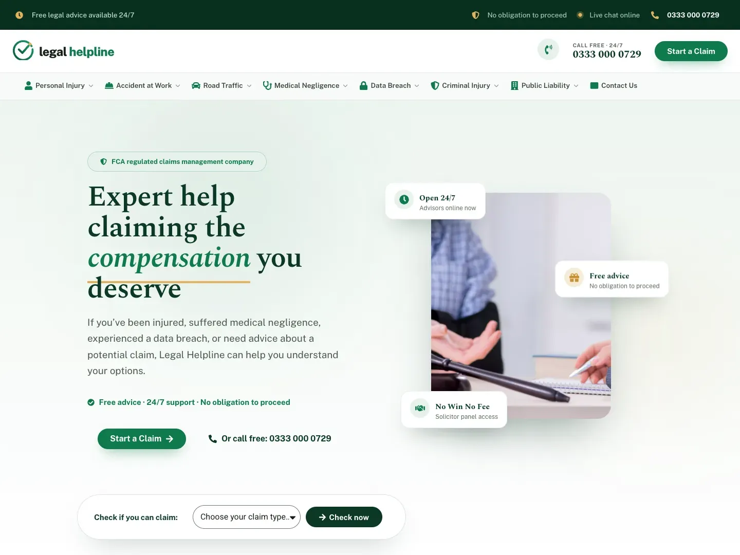 The redesigned Legal Helpline homepage: an FCA regulated claims management badge and the headline Expert help claiming the compensation you deserve, under a menu of seven claim areas