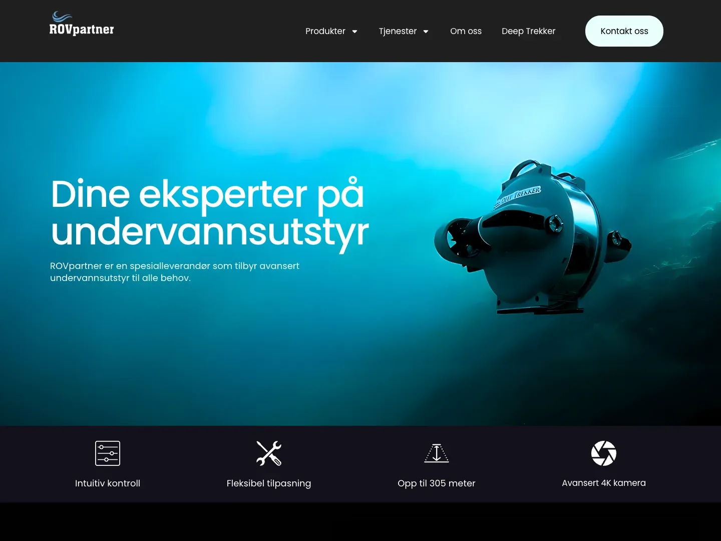 The ROVpartner homepage: underwater equipment experts, beside a Deep Trekker ROV underwater