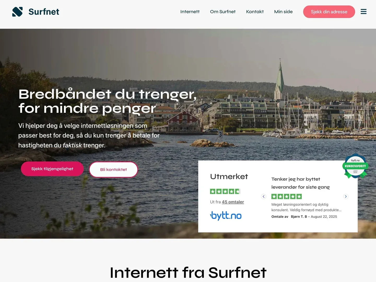 The Surfnet homepage: broadband for less money, over a photo of a Norwegian harbour and marina, with a customer reviews panel