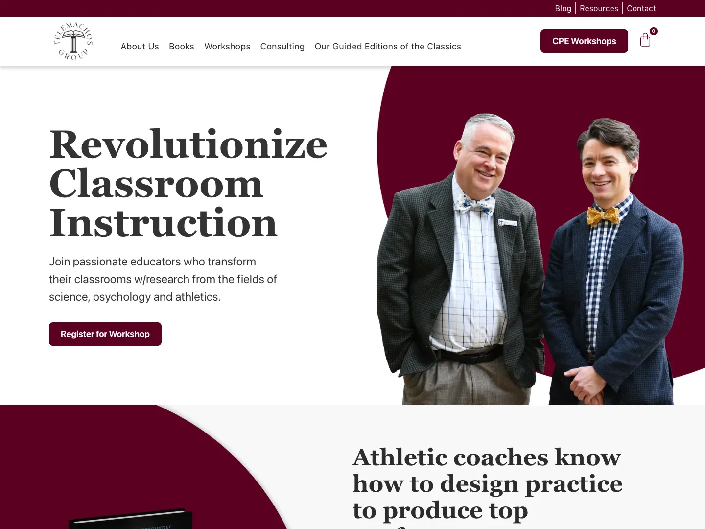 The Telemachos Group homepage: a ‘Revolutionize Classroom Instruction’ hero and Register for Workshop button beside the two founders