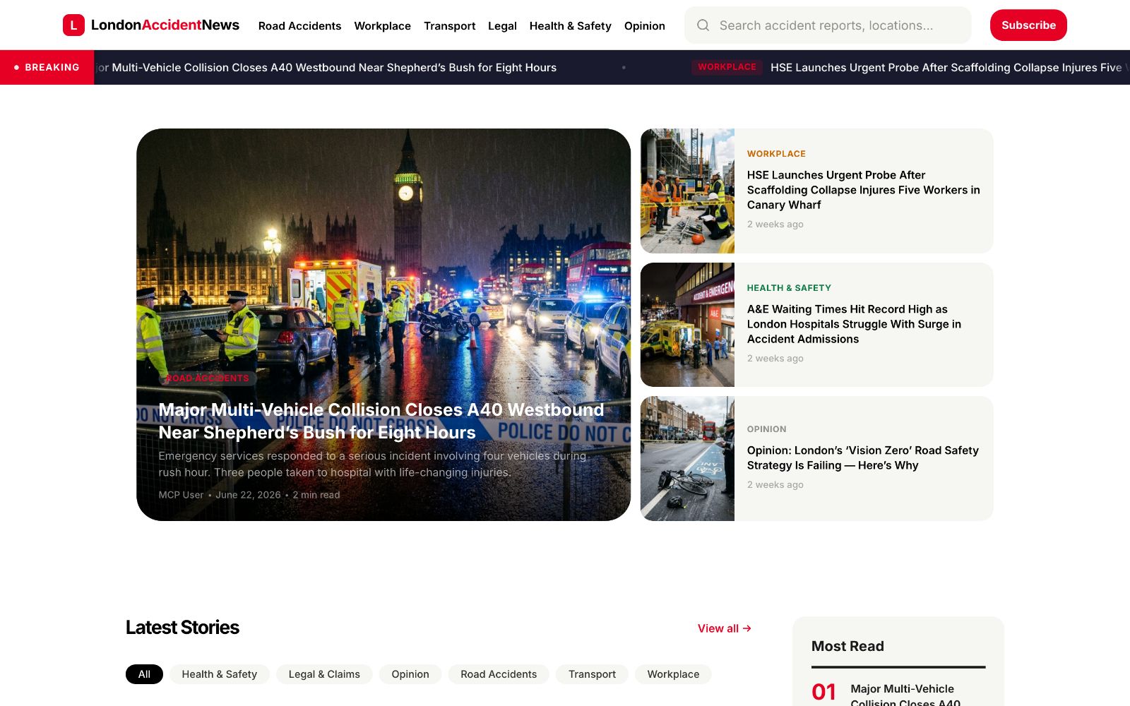 London Accident News homepage: hero news grid, breaking ticker, and category-coded story feed