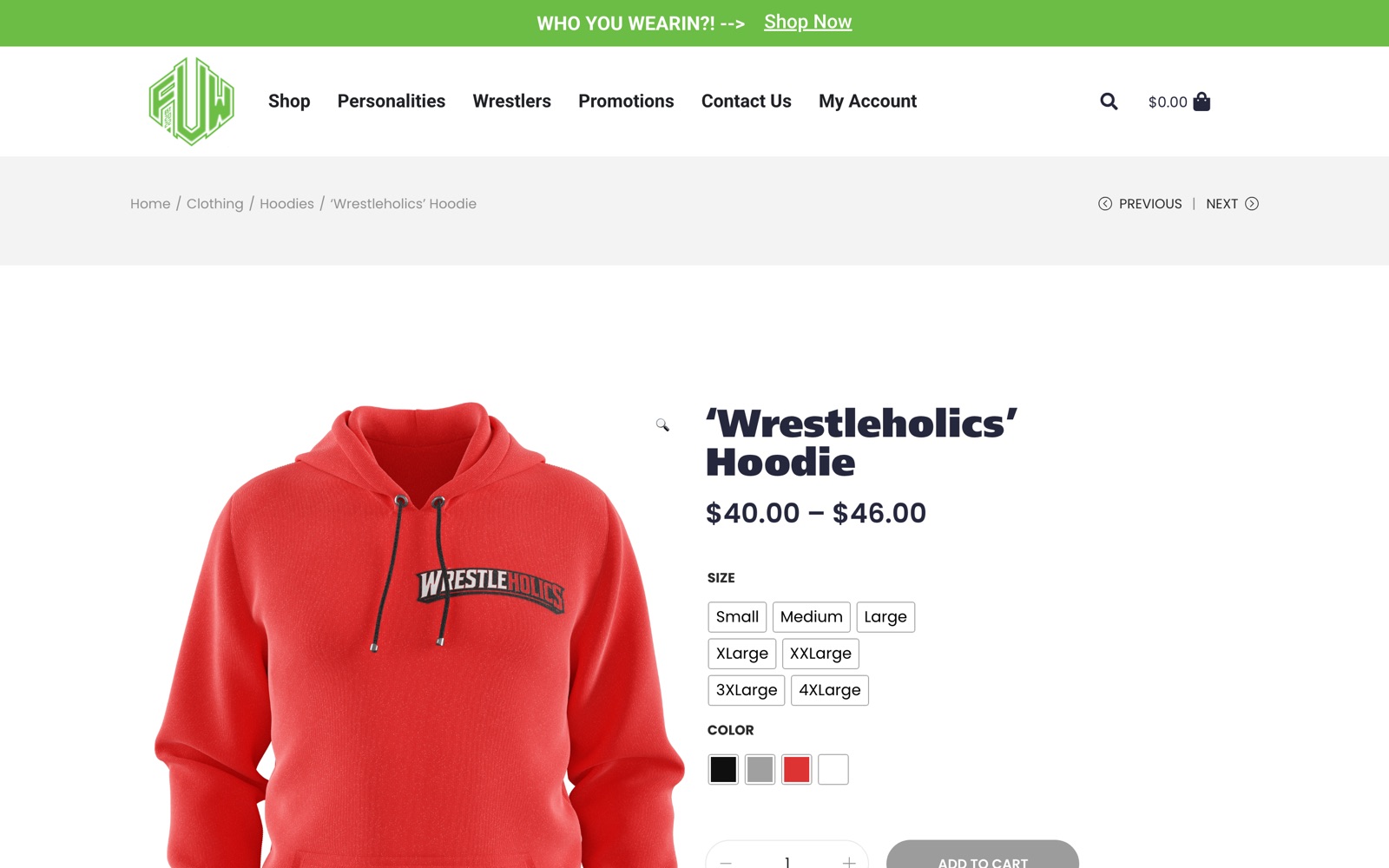 For Ur Wear product page: a variable hoodie with seven sizes and four color options