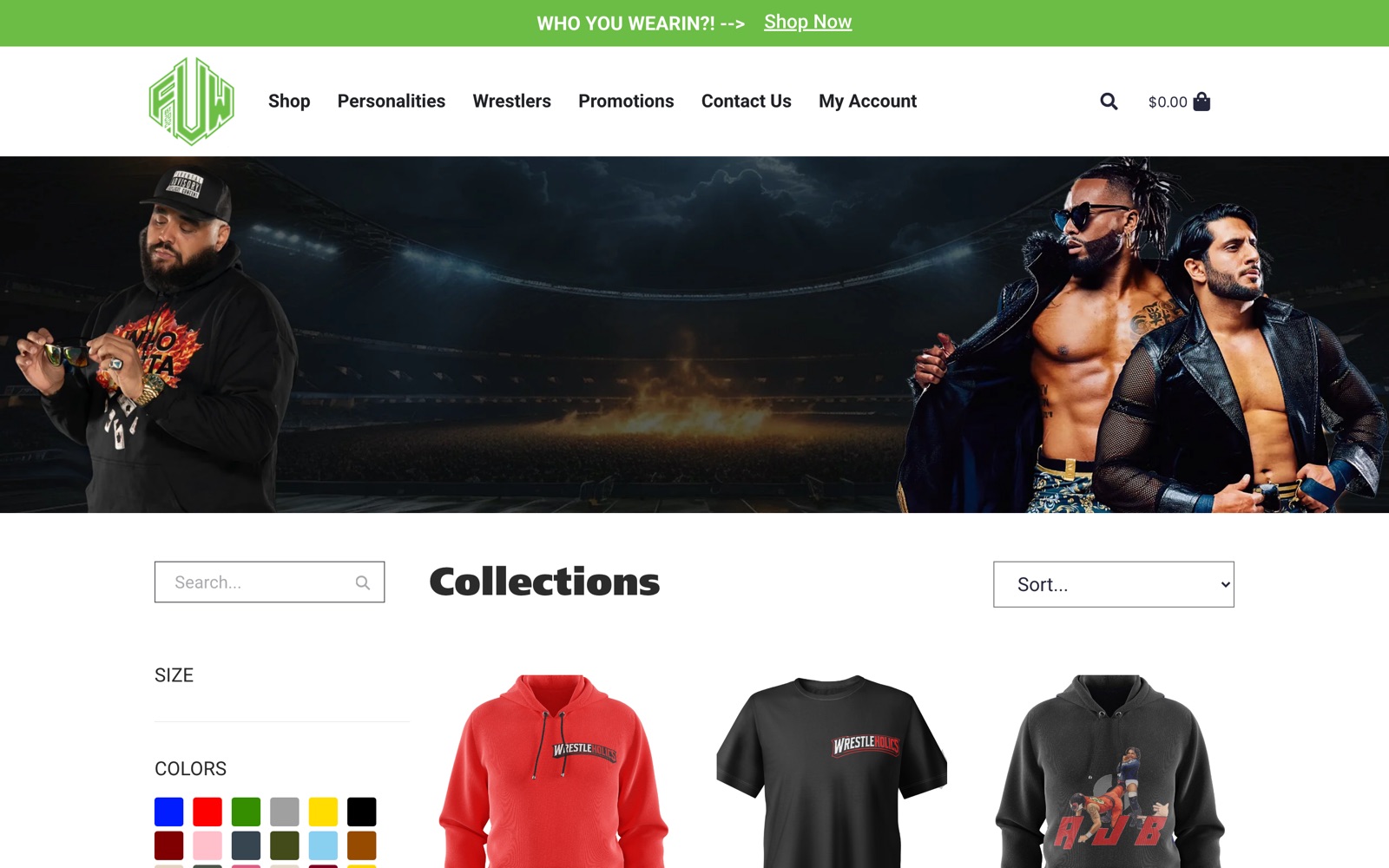 For Ur Wear shop page: personality hero banner above a collections grid with size and color filters