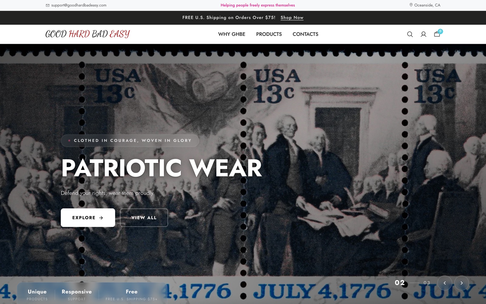 Good Hard Bad Easy homepage: campaign hero for the Patriotic Wear collection with announcement bars and USP strip