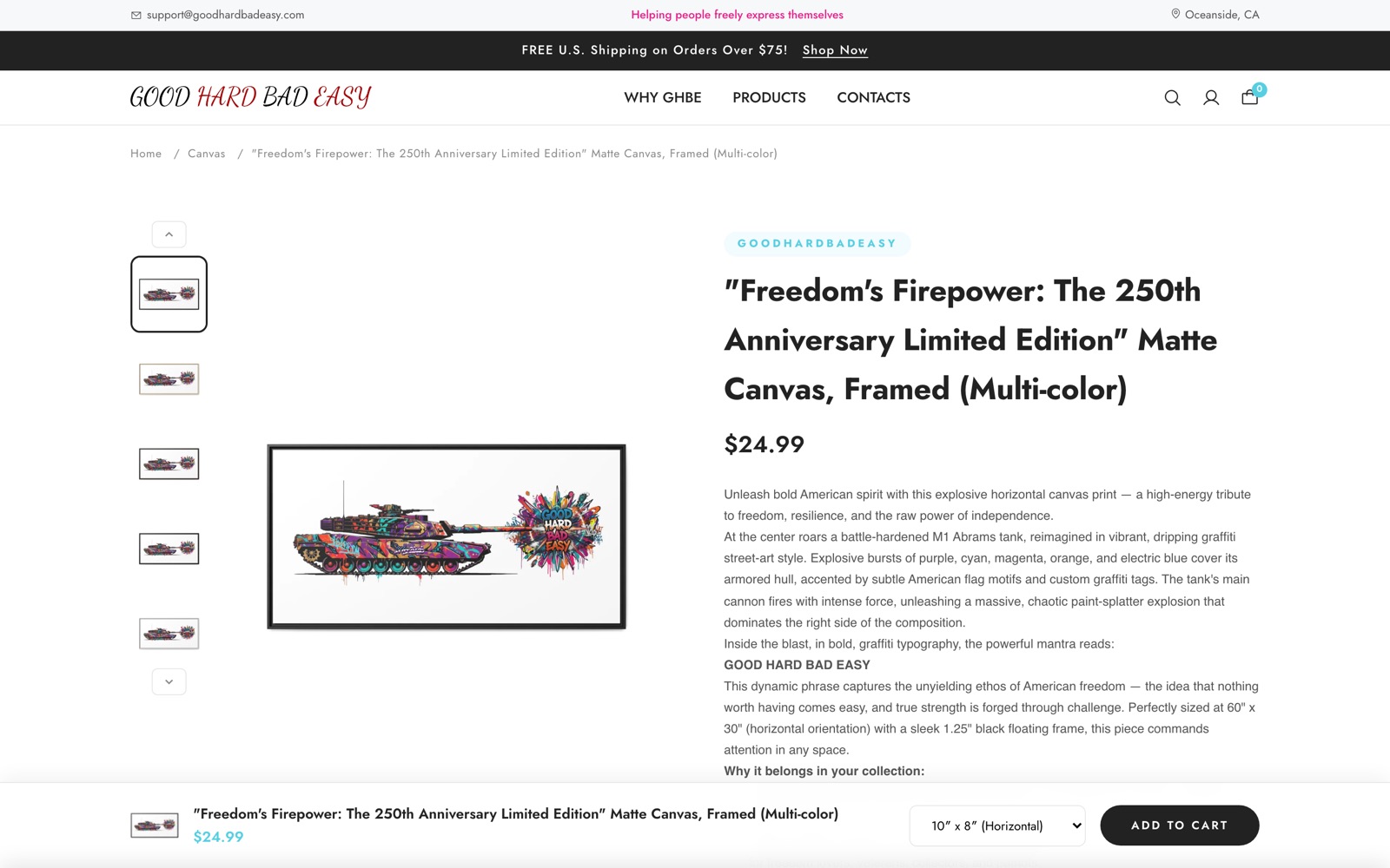 Product page for a limited-edition framed canvas with variant options