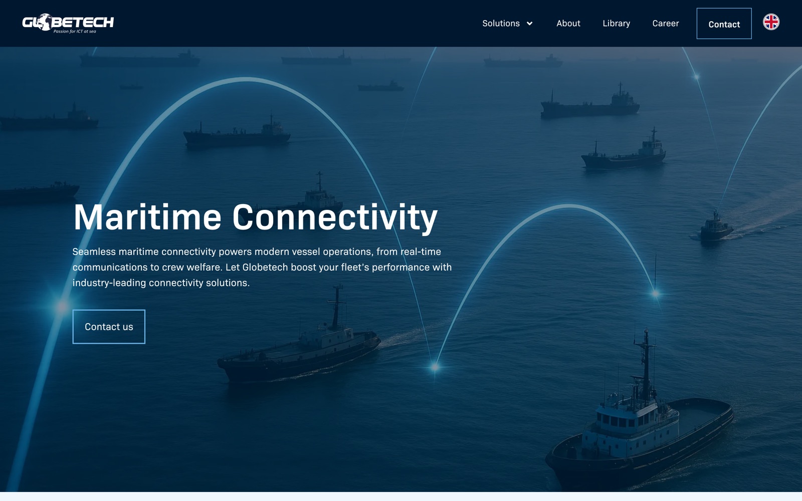 Globetech maritime connectivity page: vessels at sea linked by glowing network arcs, with a contact call to action