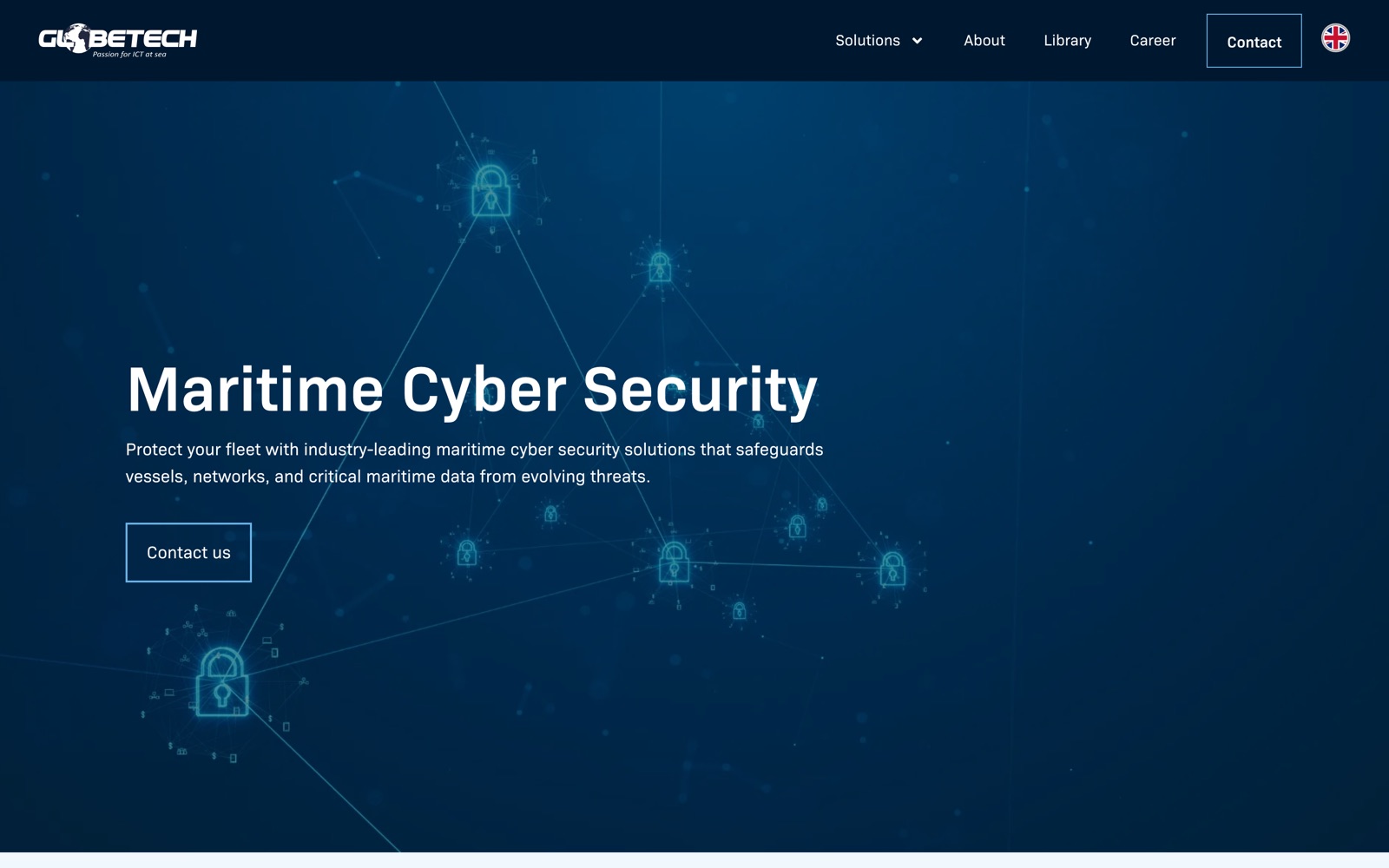Globetech maritime cyber security page: a dark hero with a network of connected padlock icons
