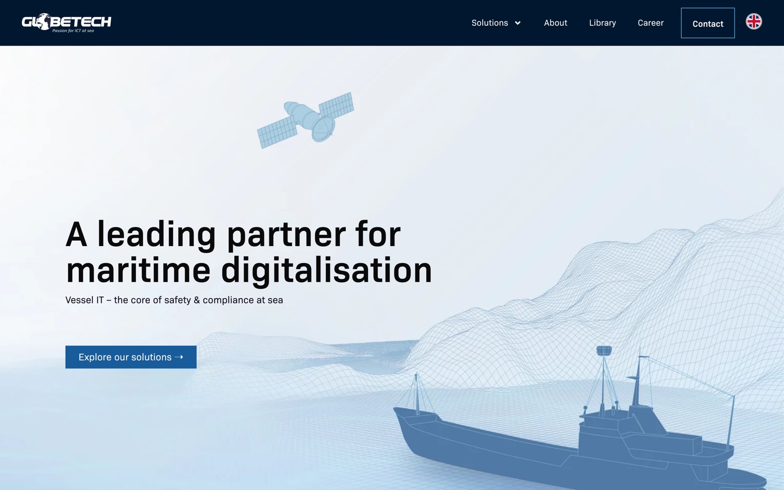 Globetech homepage: an illustrated maritime hero with a satellite, wireframe sea, and vessel, headlined a leading partner for maritime digitalisation