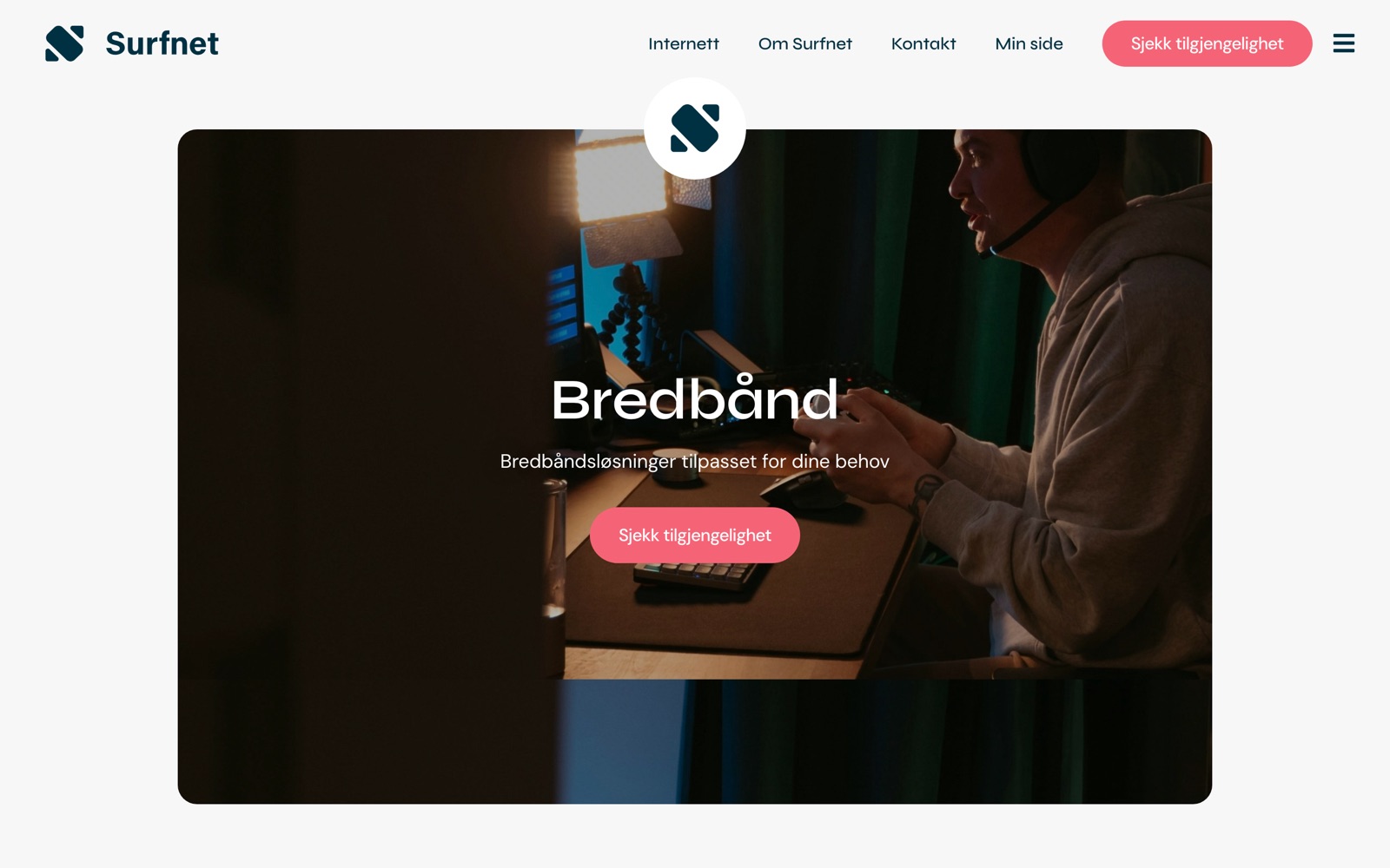 Surfnet broadband landing page with a full-width hero and a check-availability call to action