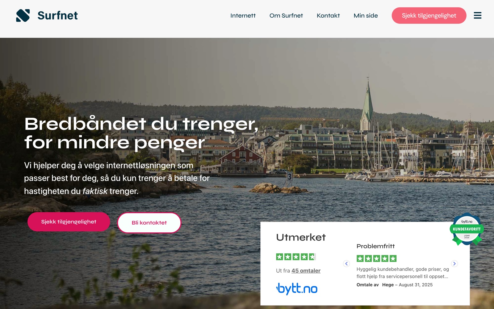 Surfnet homepage: a Norwegian coastal town hero with the tagline about broadband for less money and a review widget