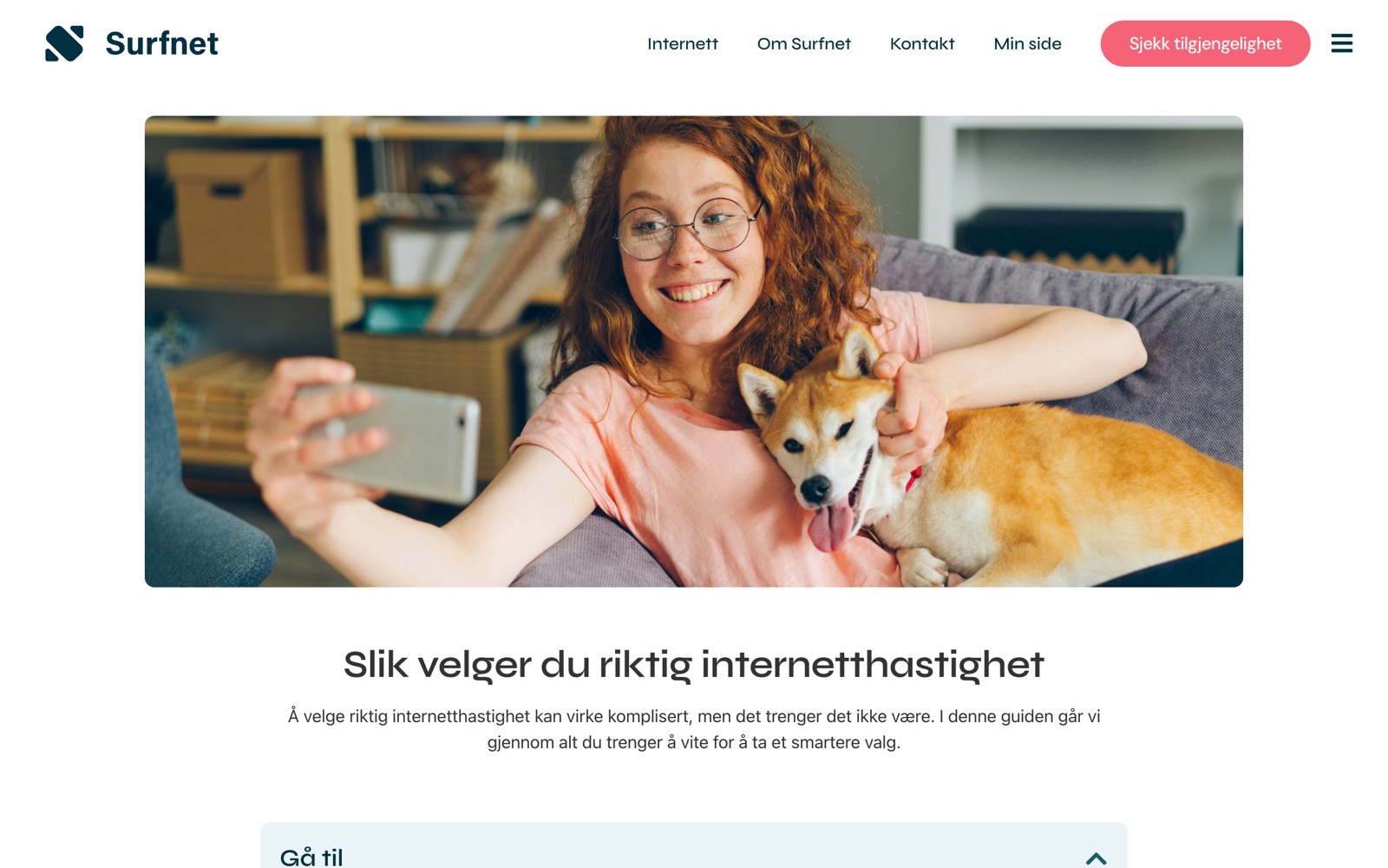 Surfnet guide page on how to choose the right internet speed, with a lifestyle image and intro